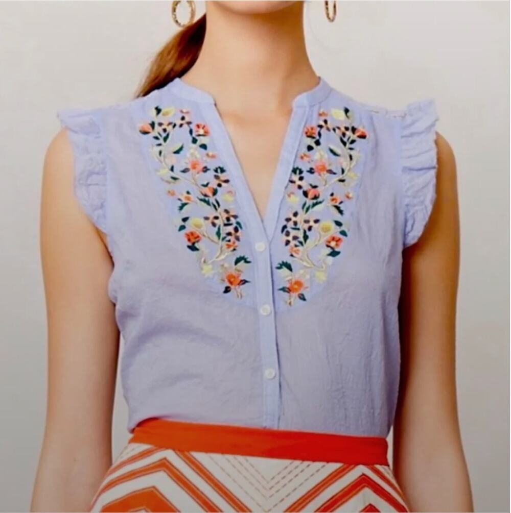 MAEVE | Anthropologie Threadbloom Blue ruffle Sleeve Embroidered Blouse | 2